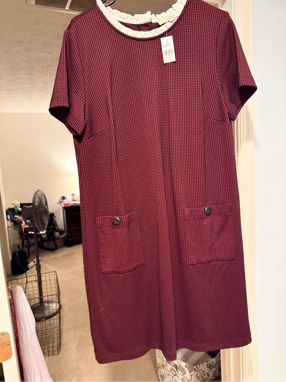 LOFT Burgundy Short Sleeve Shift Dress with White Ruffle Collar Detail